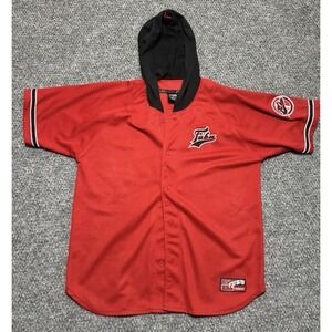 FUBU Sports Men's XXL Red/Black Hooded Jersey Button-Up Hoodie Logo Patch